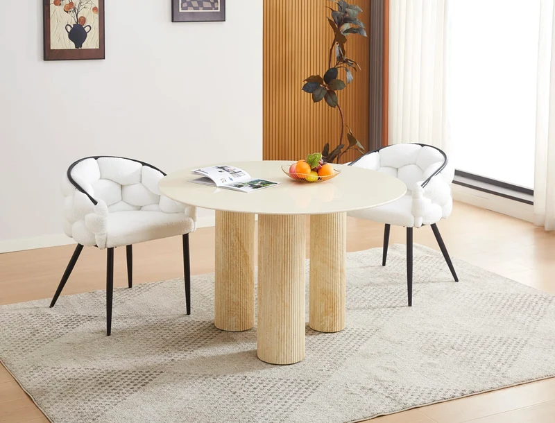 TABLE REPAS ANAÏS PIEDS METAL TRAVERTIN PLATEAU CERAMIQUE BEIGE 120cm