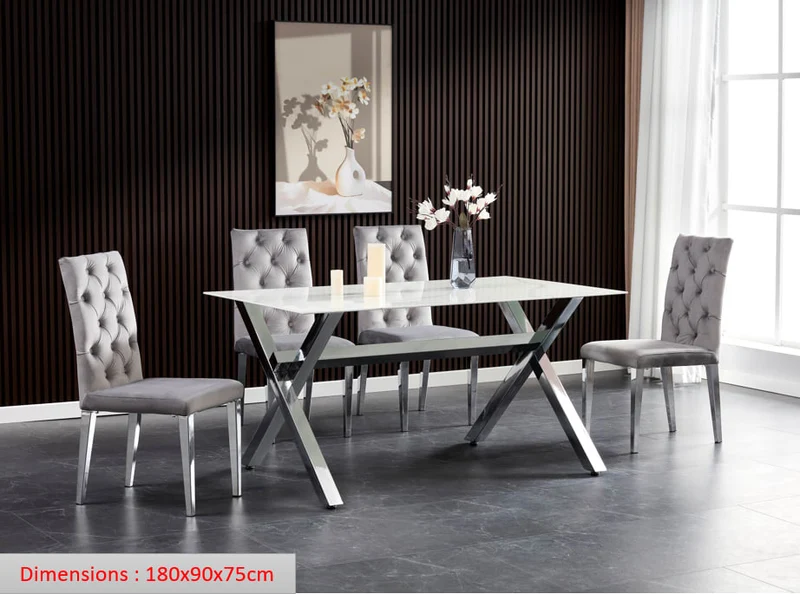 Table à manger IXE chrome plateau en verre trempé 150 cm