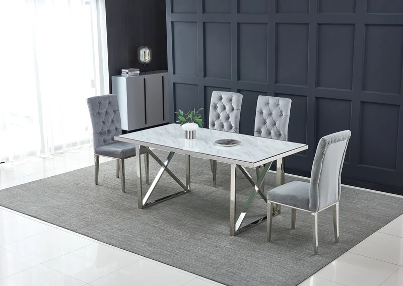 Table repas LEVANTO chrome plateau en verre trempé