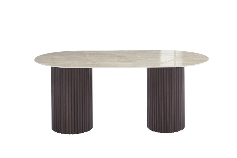 TABLE A MANGER KEYSHA PIED NOYER PLATEAU CERAMIQUE TRAVERTIN BRILLANT 160cm