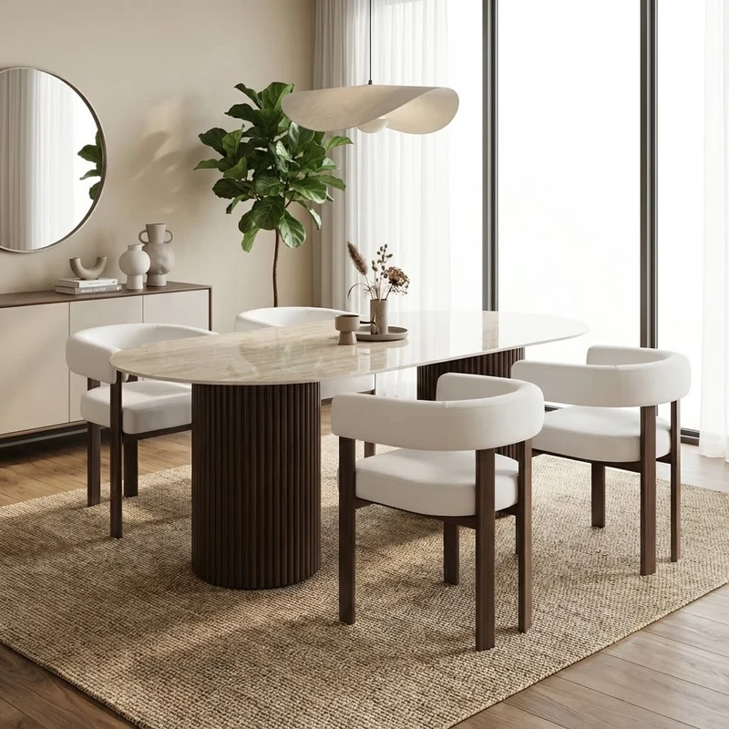 TABLE A MANGER KEYSHA PIED NOYER PLATEAU CERAMIQUE TRAVERTIN BRILLANT 160cm