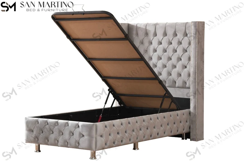 Lit Coffre Enfant CLOUTE Velours Gris