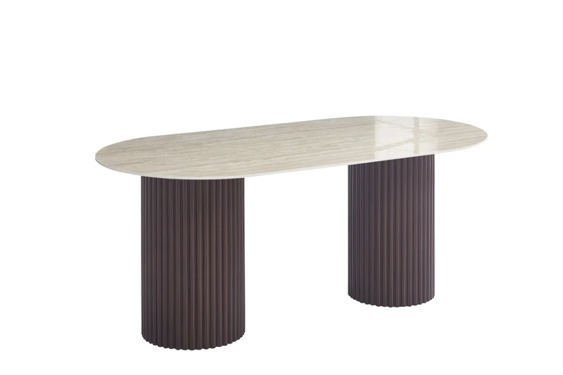 TABLE A MANGER KEYSHA PIED NOYER PLATEAU CERAMIQUE TRAVERTIN BRILLANT 180CM