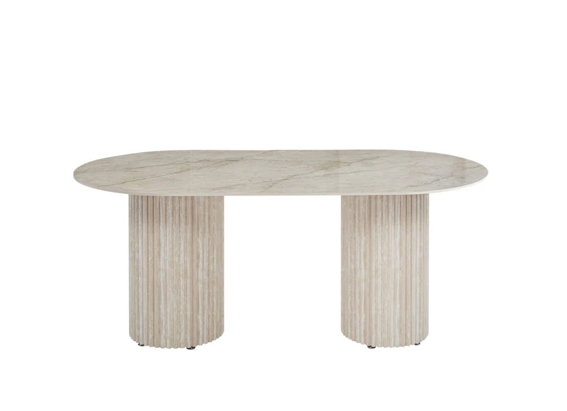 TABLE A MANGER KEYSHA PIED EFFET TRAVERTIN CERAMIQUE SHAKESPEARE GRIS 180cm