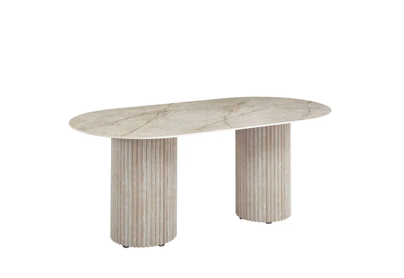 TABLE A MANGER KEYSHA PIED EFFET TRAVERTIN CERAMIQUE SHAKESPEARE GRIS 160cm