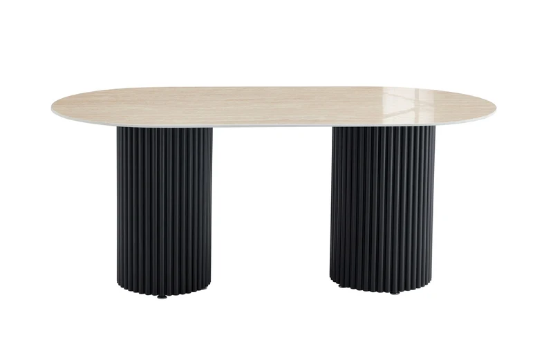 TABLE A MANGER KEYSHA PIED METAL NOIR CERAMIQUE TRAVERTIN BRILLANT 180cm