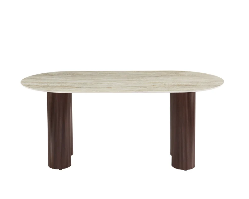 TABLE A MANGER VENEZIA PIED METAL EFFET NOYER PLATEAU CERAMIQUE TRAVERTIN BRILLANT 180x90x75cm