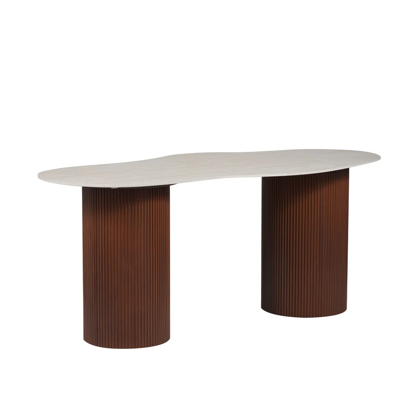 TABLE A MANGER NIKI PIED NOYER PLATEAU CERAMIQUE TRAVERTIN MAT 180CM