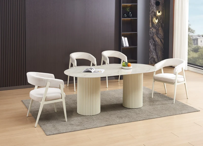 TABLE A MANGER KEYSHA PIED METAL BEIGE PLATEAU CERAMIQUE SHAKESPEARE GRIS180cm