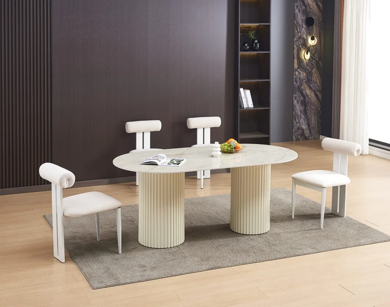 TABLE A MANGER KEYSHA PIED METAL BEIGE PLATEAU CERAMIQUE SHAKESPEARE GRIS180cm