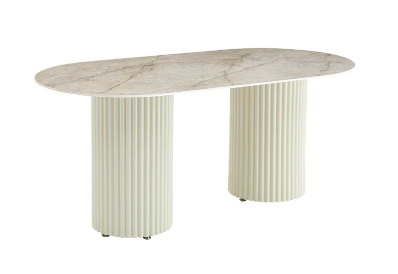 TABLE A MANGER KEYSHA PIED METAL BEIGE PLATEAU CERAMIQUE SHAKESPEARE GRIS160cm