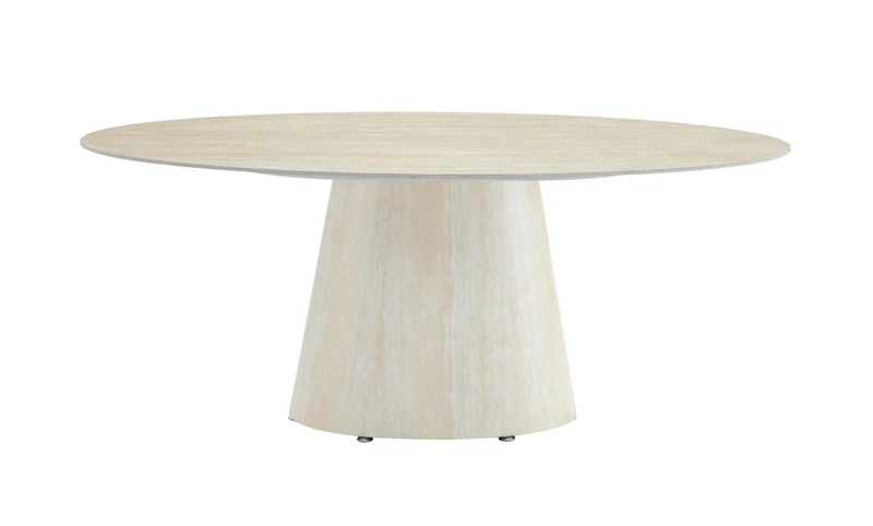 TABLE REPAS OVO PIED METAL EFFET TRAVERTIN PLATEAU CERAMIQUE TRAVERTIN 180CM