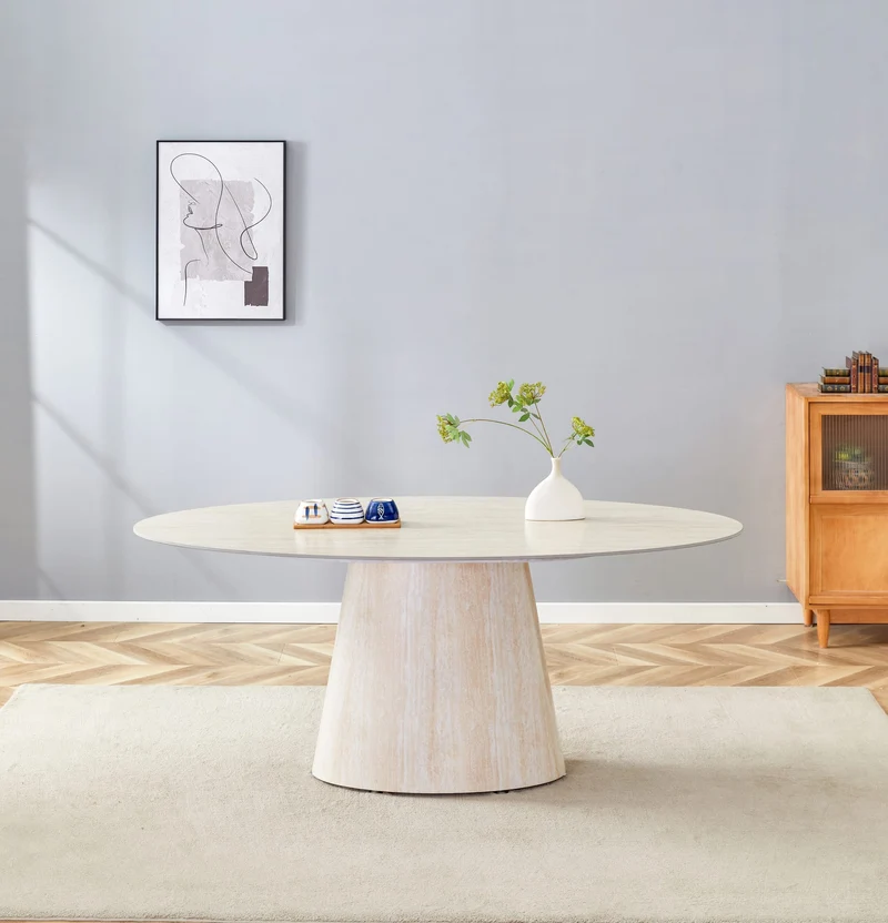 TABLE REPAS OVO PIED METAL EFFET TRAVERTIN PLATEAU CERAMIQUE TRAVERTIN 180CM