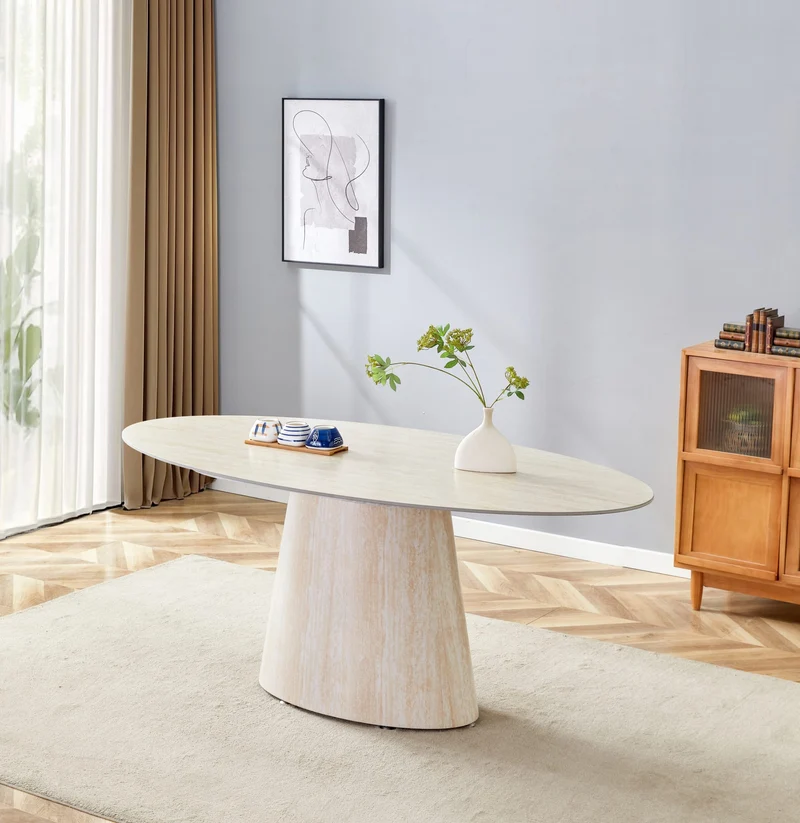 TABLE REPAS OVO PIED METAL EFFET TRAVERTIN PLATEAU CERAMIQUE TRAVERTIN 180CM