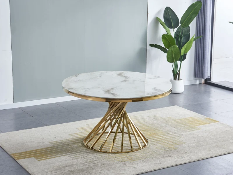 Table à manger ronde Quinconce Pieds Or Marbre blanc