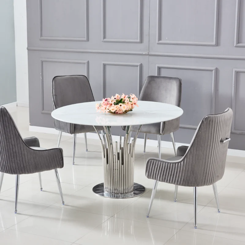 Table à manger Flute ronde Argent marbre Blanc