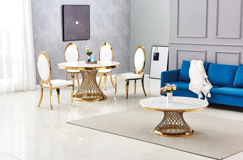 Table à manger ronde Deluxe Or marbre blanc