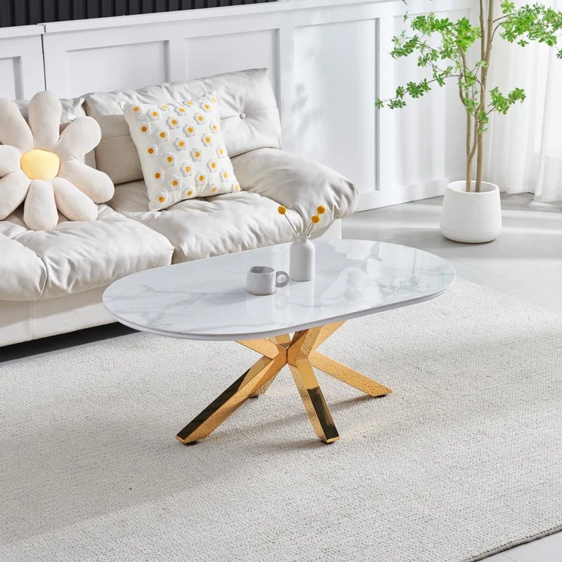 Table basse ophelia Or Plateau Céramique Marbre blanc