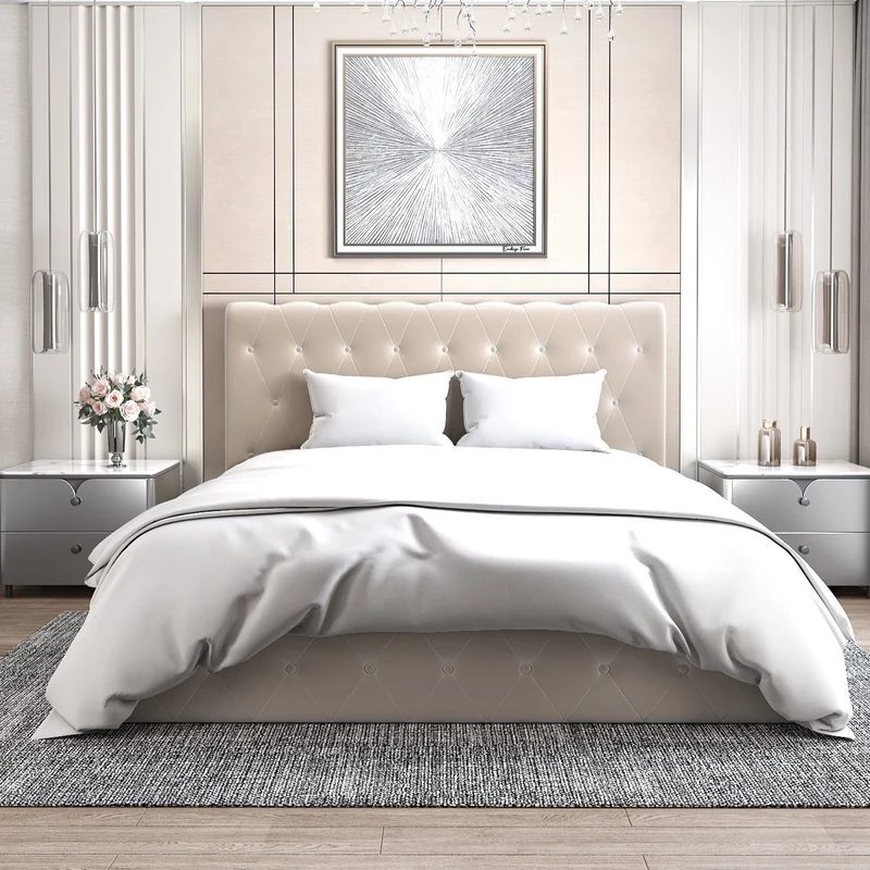 Lit coffre simple Bastide velours beige