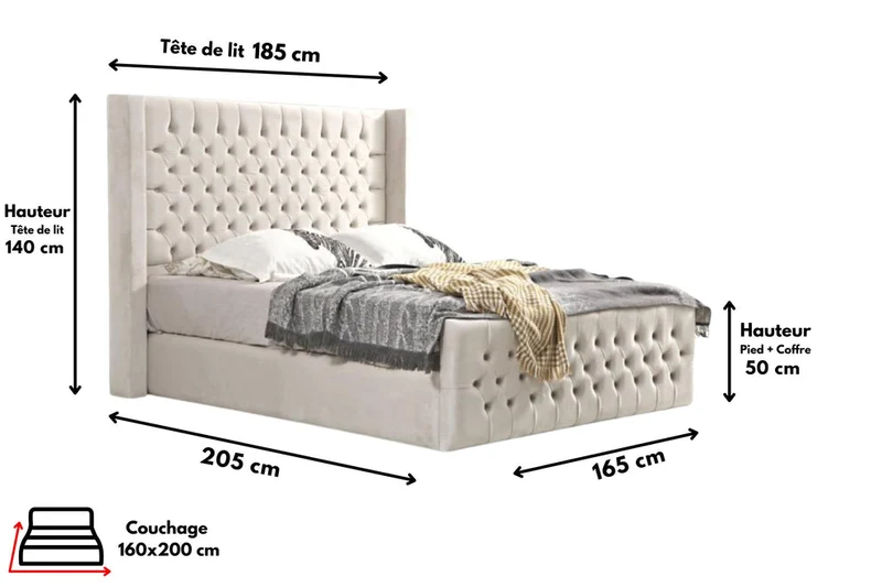 Cadre de lit velours beige capitonné Bianca
