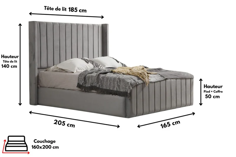 Cadre de lit Tokyo velours Gris