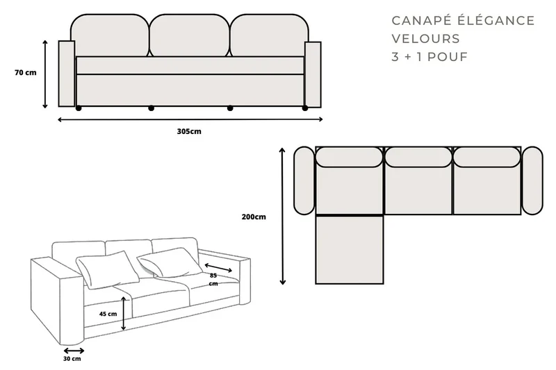Canapé modulable Élégance 3+1 en Velours beige