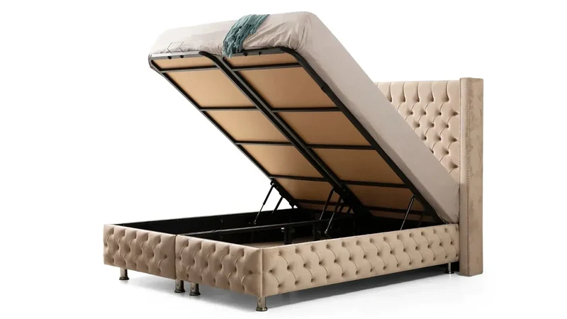 Lit coffre Clouté velours Beige