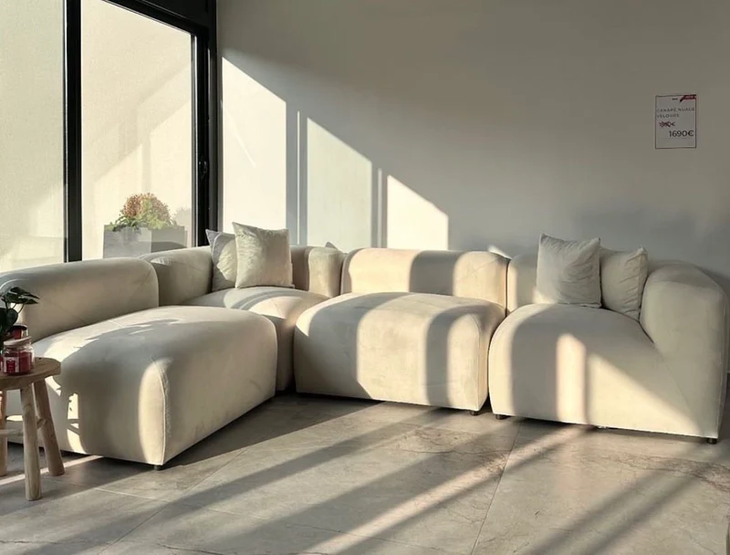 Canapé d'angle Nuage Modulable Velours Blanc Cassé