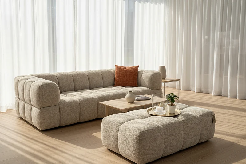Canapé droit beige en tissu bouclette - Noah
