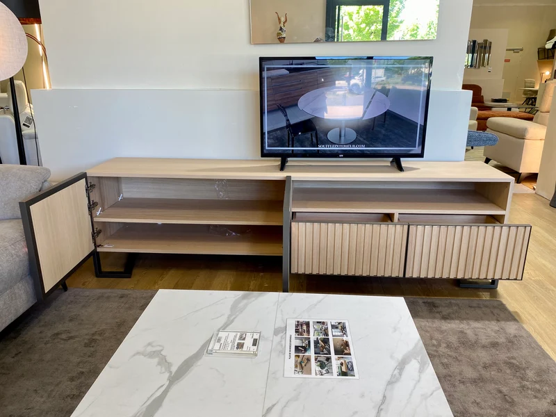 Meuble tv en bois et céramique blanche - Oblique