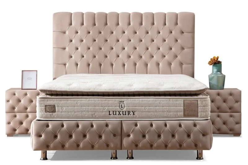 Lit Coffre LUNA BEIGE - Velours Capitonné
