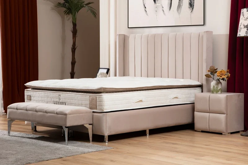Lit Coffre SANA BEIGE - Velours
