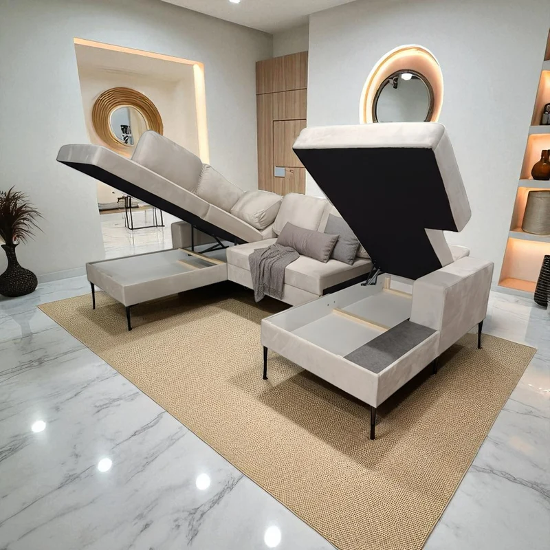 Canapé Panoramique Convertible Vianna Velours Beige