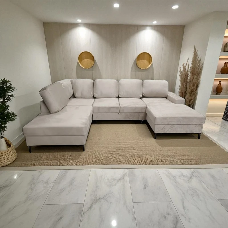 Canapé Panoramique Convertible Vianna Velours Beige