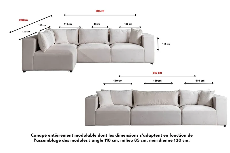 Canapé Modulable Azra Velours Blanc Cassé