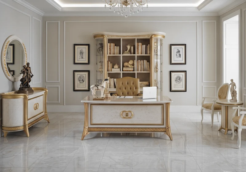 Buffet 2 portes effet marbre ivoire et or - Melodia