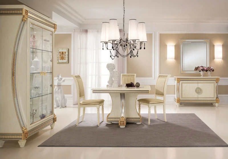 Table à manger carrée extensible blanc laqué et doré - Liberty