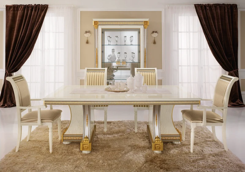 Table à manger rectangulaire 200 cm blanc laqué et doré - Liberty