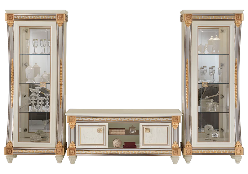 Meuble TV avec vitrines blanc laqué et doré - Liberty