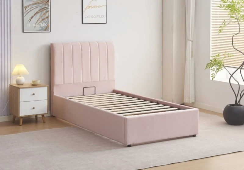Ensemble lit coffre 90x190 velours rose et matelas - Onora