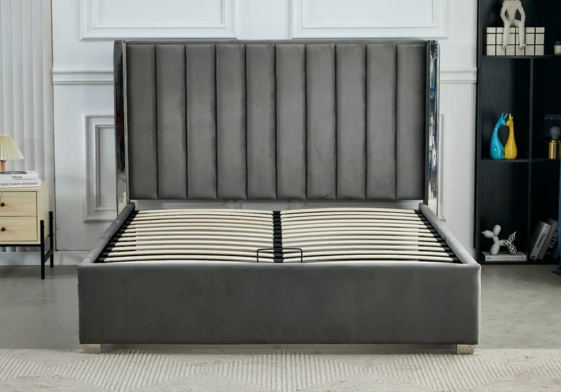 Ensemble lit coffre gris argenté et matelas ressorts - Jade
