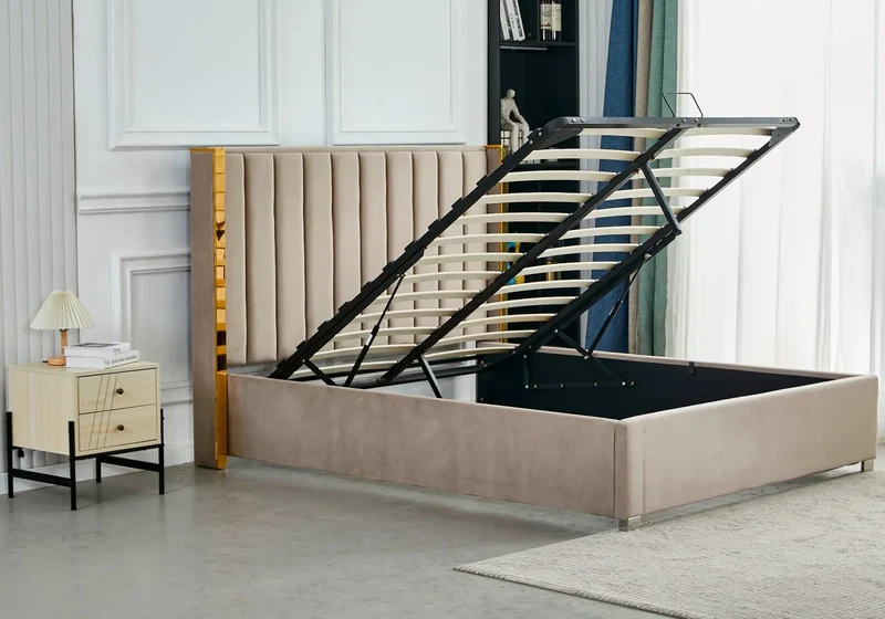 Ensemble lit coffre taupe doré et matelas ressorts - Jade