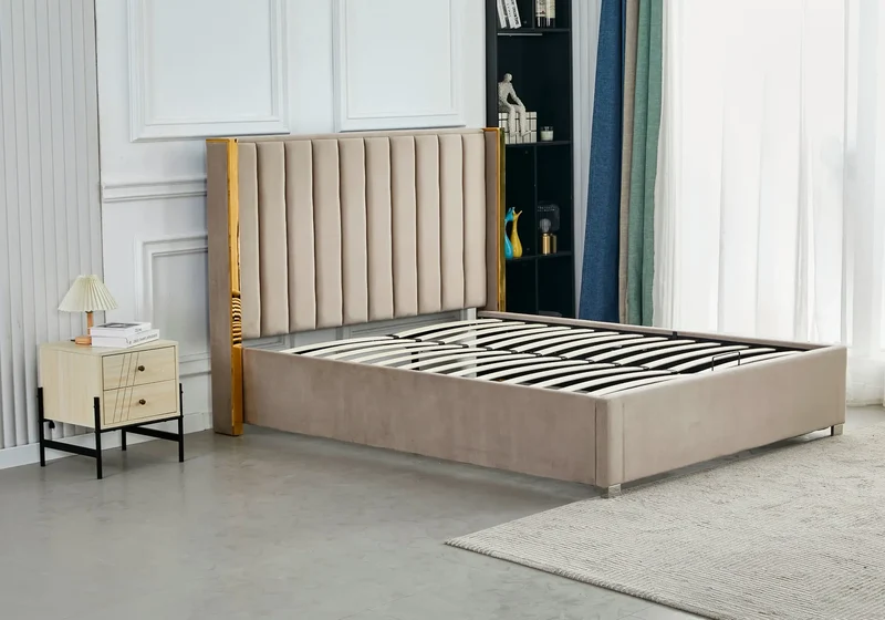 Ensemble lit coffre taupe doré et matelas ressorts - Jade