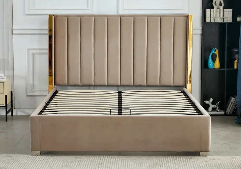 Ensemble lit coffre taupe doré et matelas ressorts - Jade