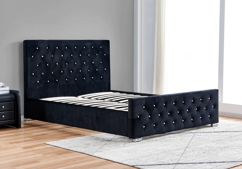 Lit double capitonné en velours noir avec strass - Anis