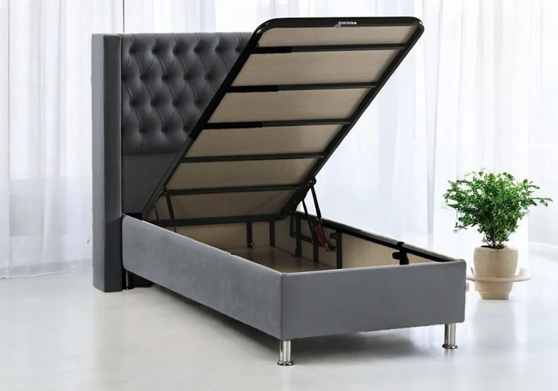 Ensemble lit coffre gris et matelas ressorts 90x190 - Kobe