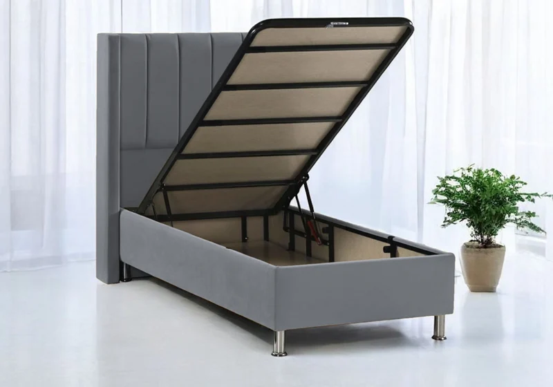 Lit coffre complet 1 place velours gris - Tokyo