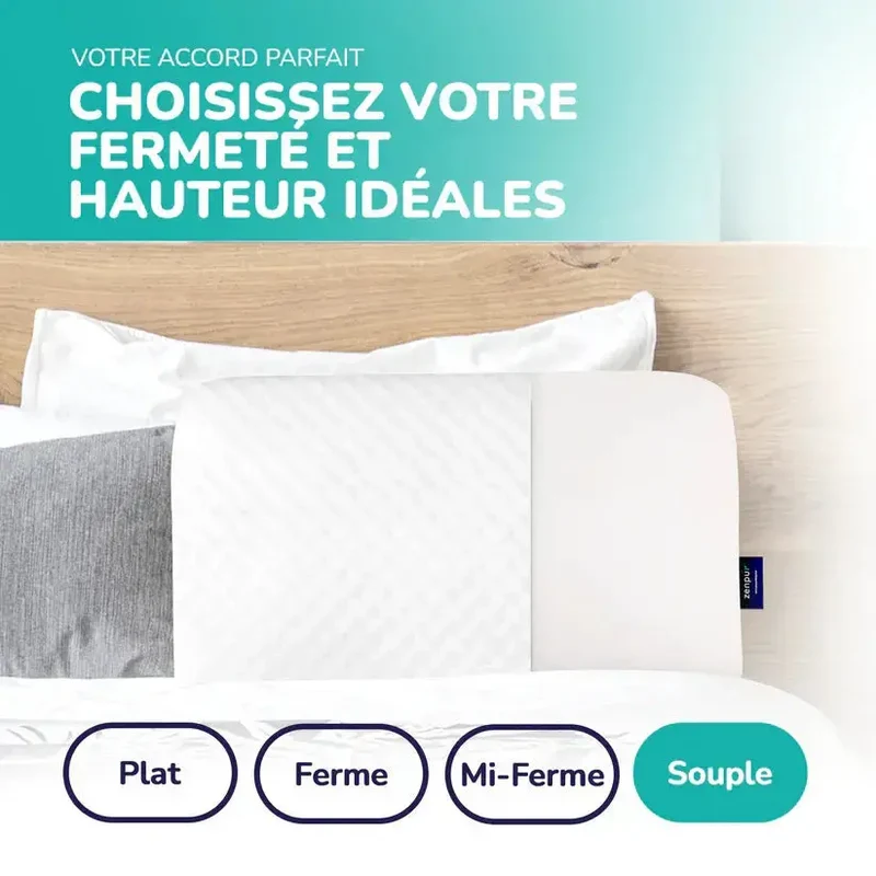 ZenPur - Oreiller Cervical Ergonomique "Souple" en Mousse à Mémoire de Forme et Anti-Acariens
