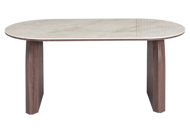 Table à manger ovale marbre beige et noyer - Nael