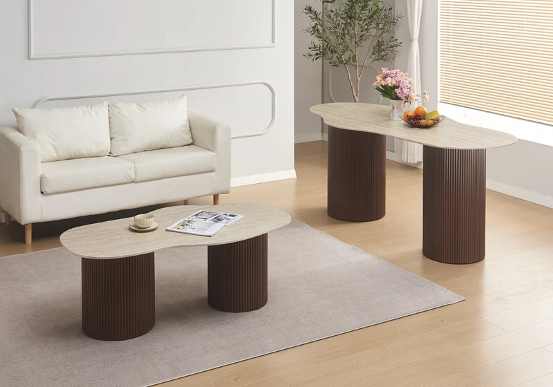Table basse effet travertin organique et pieds noyer - Venza